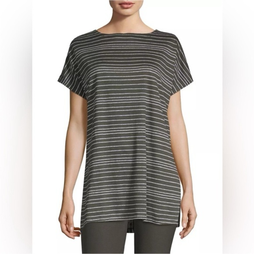 ⭐️ Eileen Fisher 100% Linen Grey & White Striped Boatneck Split Hem Tunic LARGE